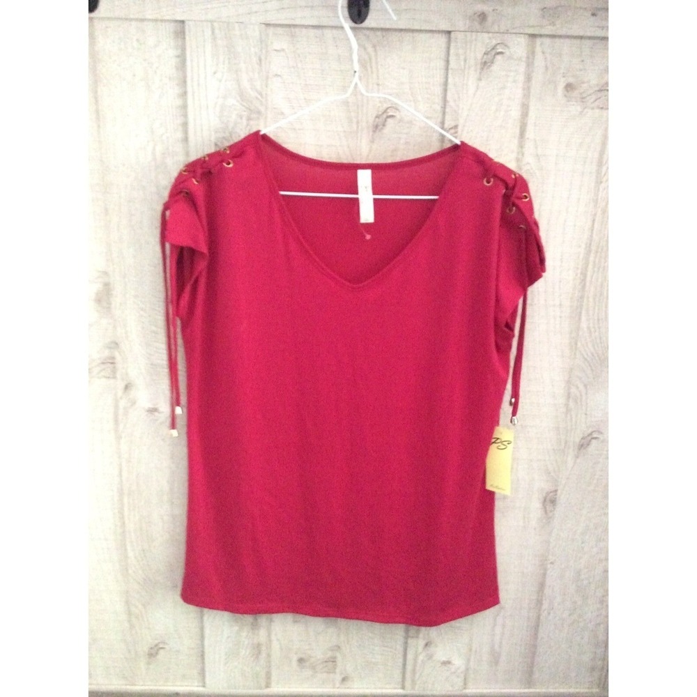 PerSeption Concept Womens Small V-Neck Lace Up Shoulder Top Berry Red Gold Tone